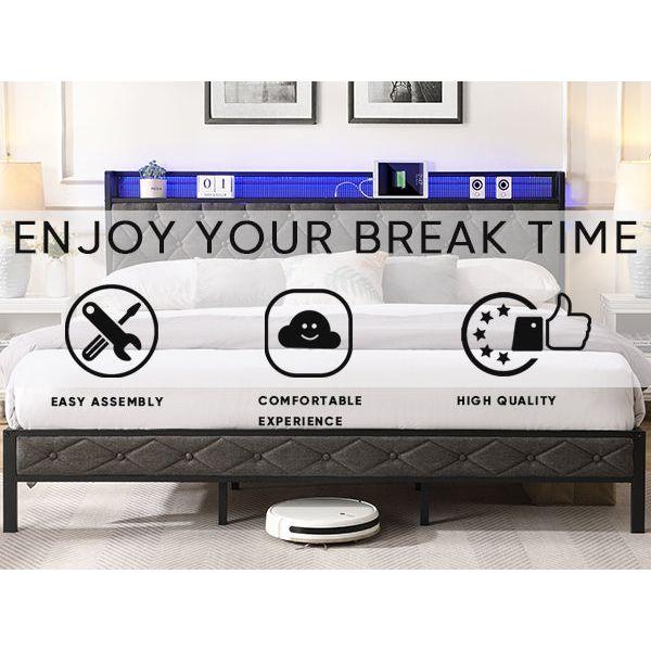 King Bed Frame with Storage Headboard, Charging Station and LED Lights, Upholstered Platform Bed with Heavy Metal Slats, No Box Spring Needed, Noise Free, Easy Assembly, Dark Gray