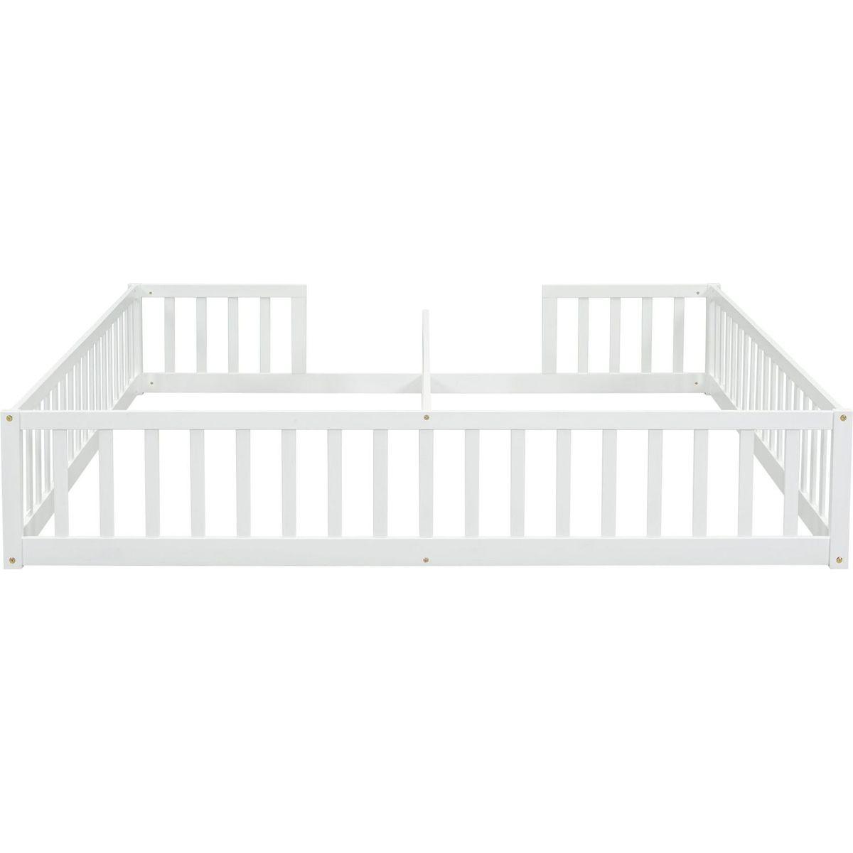 Double Twin Floor Bed with Fence, Guardrails, without door, White