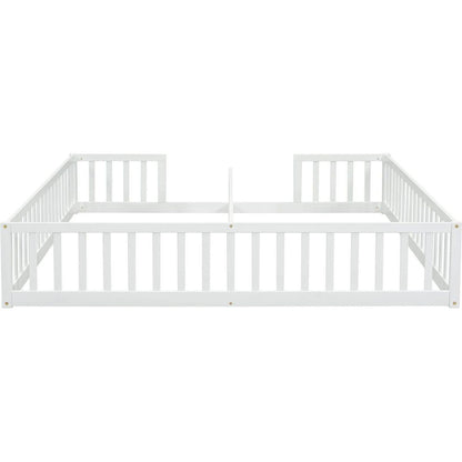 Double Twin Floor Bed with Fence, Guardrails, without door, White