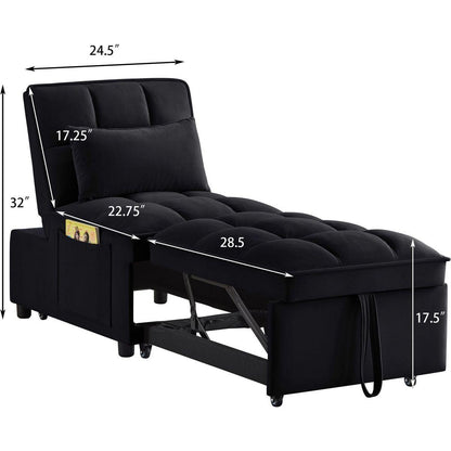 4 in1 Multi-Function Single Sofa Bed with Storage Pockets,Tufted Single Pull-out Sofa Bed with Adjustable Backrest and Pillows, Convertible Chaise Lounge,Black