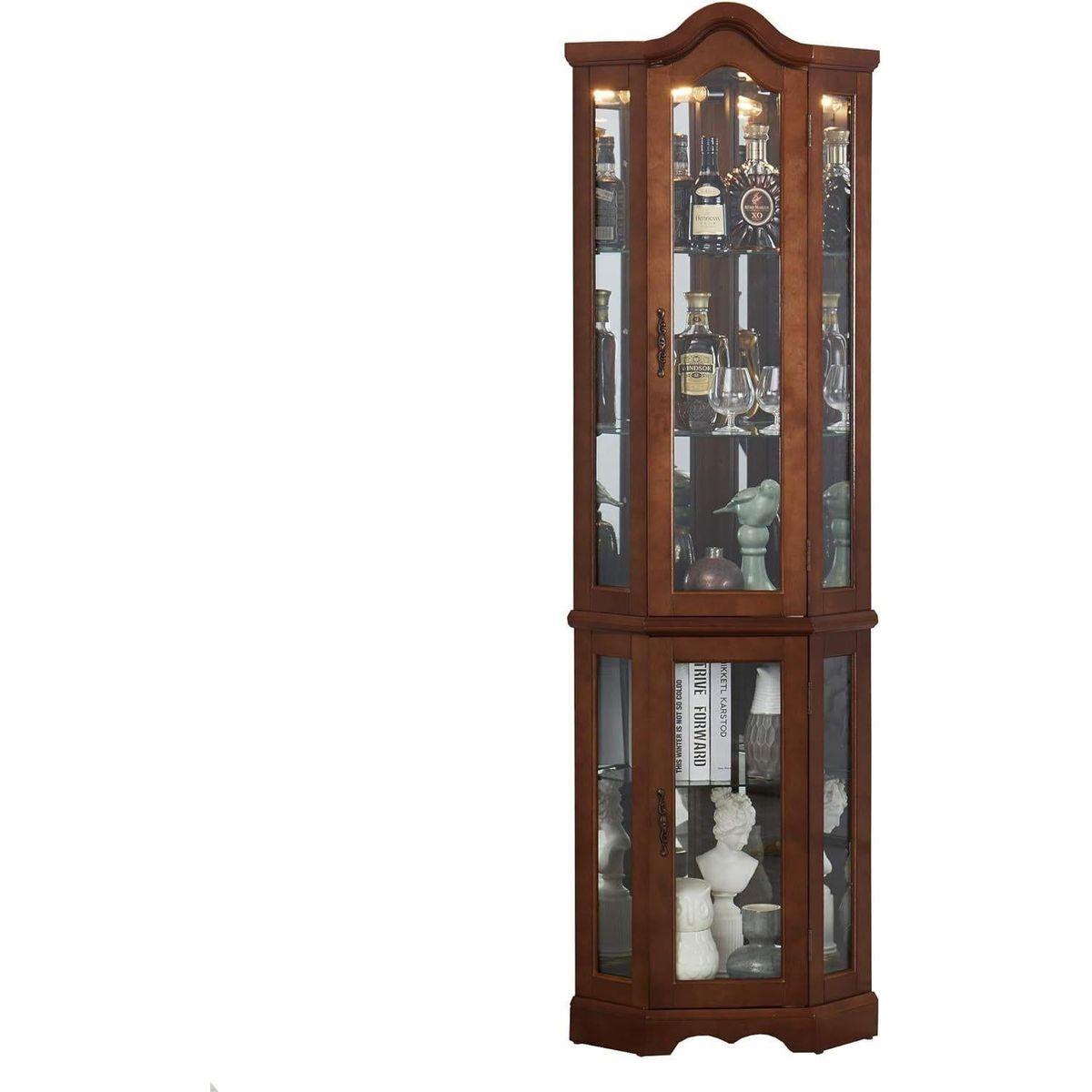 Corner Curio Cabinet with Lights, Adjustable Tempered Glass Shelves, Mirrored Back, Display Cabinet,Walnut