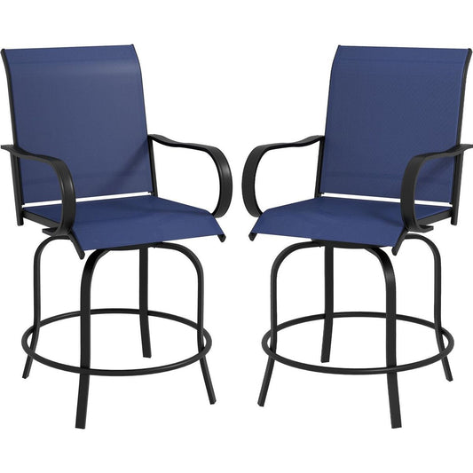 Outdoor Bar Stools with Armrests, Set of 2 360° Swivel Bar Height Patio Chairs with High-Density Mesh Fabric, Steel Frame Dining Chairs for Balcony, Poolside, Backyard, Navy Blue