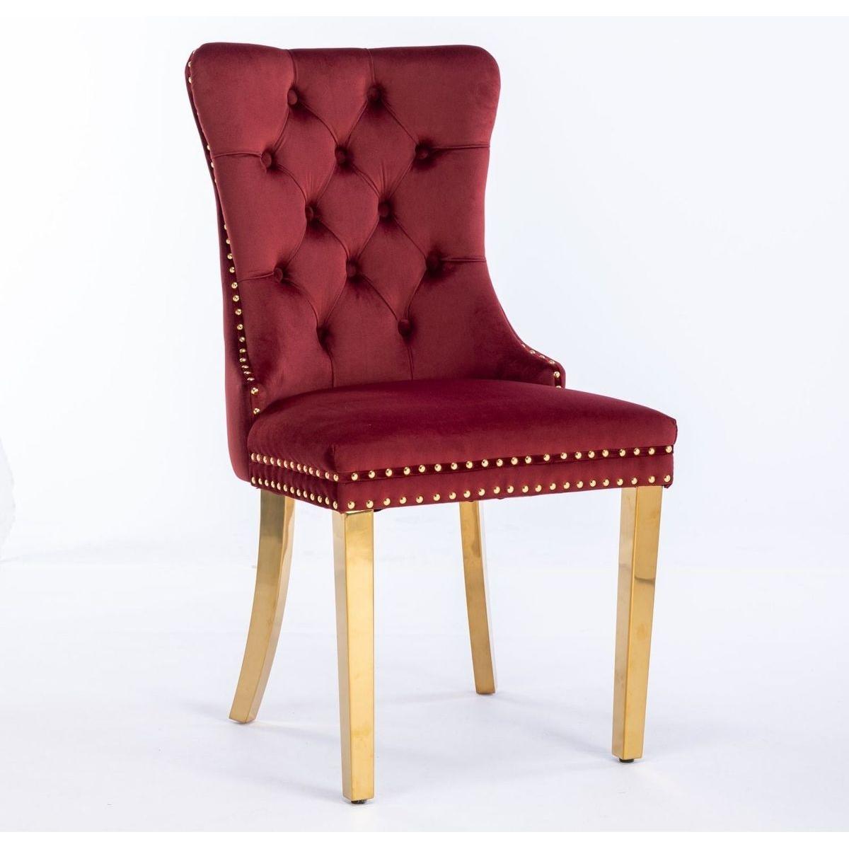 Nikki Collection Modern, High-end Tufted Solid Wood Contemporary Velvet Upholstered Dining Chair with Golden Stainless Steel Plating Legs,Nailhead Trim,Set of 2,Wine Red and Gold, SW1601WR,Burgundy