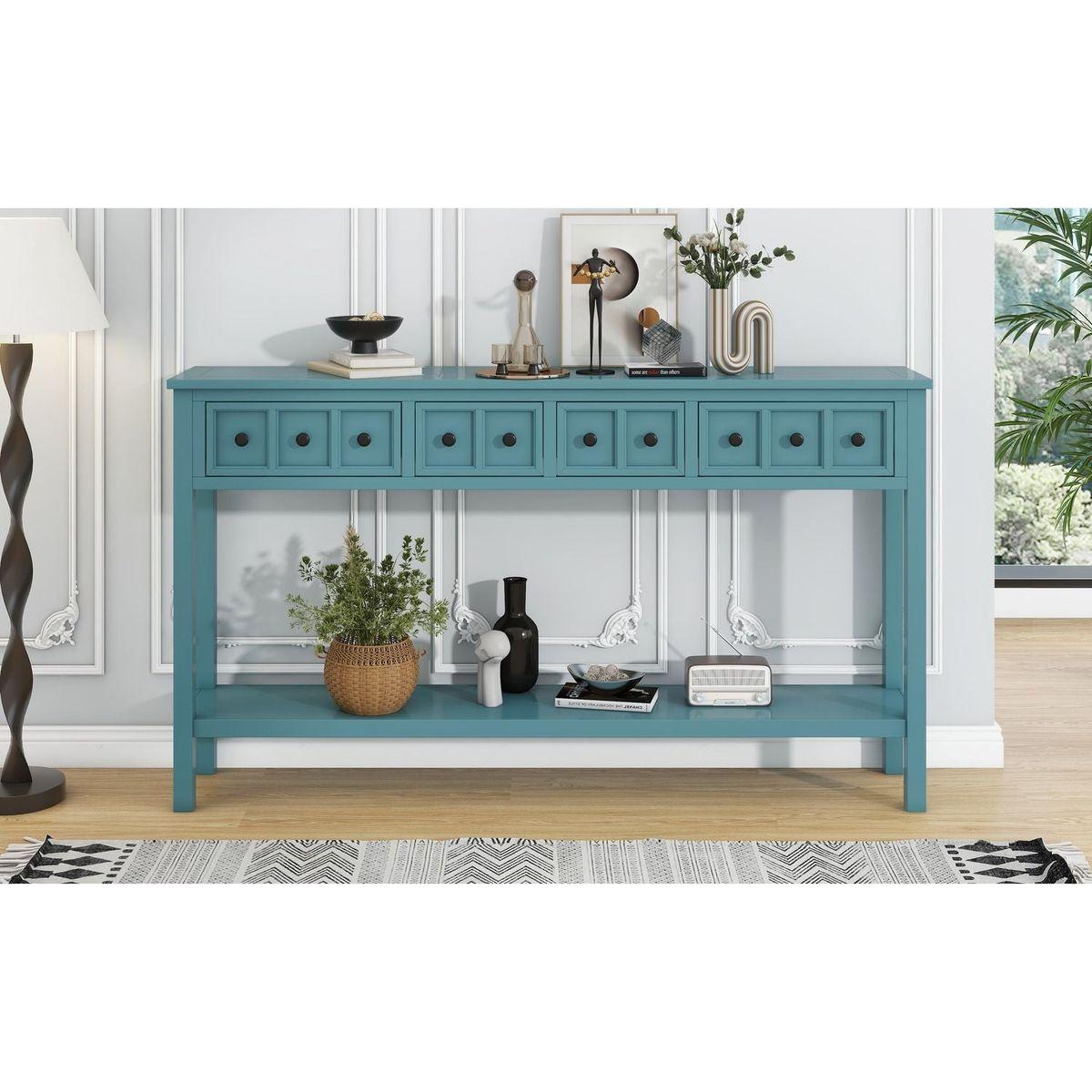 Rustic Entryway Console Table, 60" Long Sofa Table with two Different Size Drawers and Bottom Shelf for Storage (Turquoise Green)