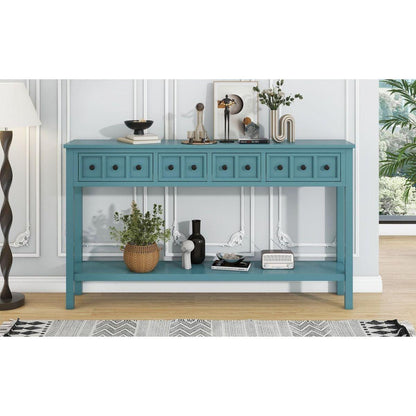 Rustic Entryway Console Table, 60" Long Sofa Table with two Different Size Drawers and Bottom Shelf for Storage (Turquoise Green)