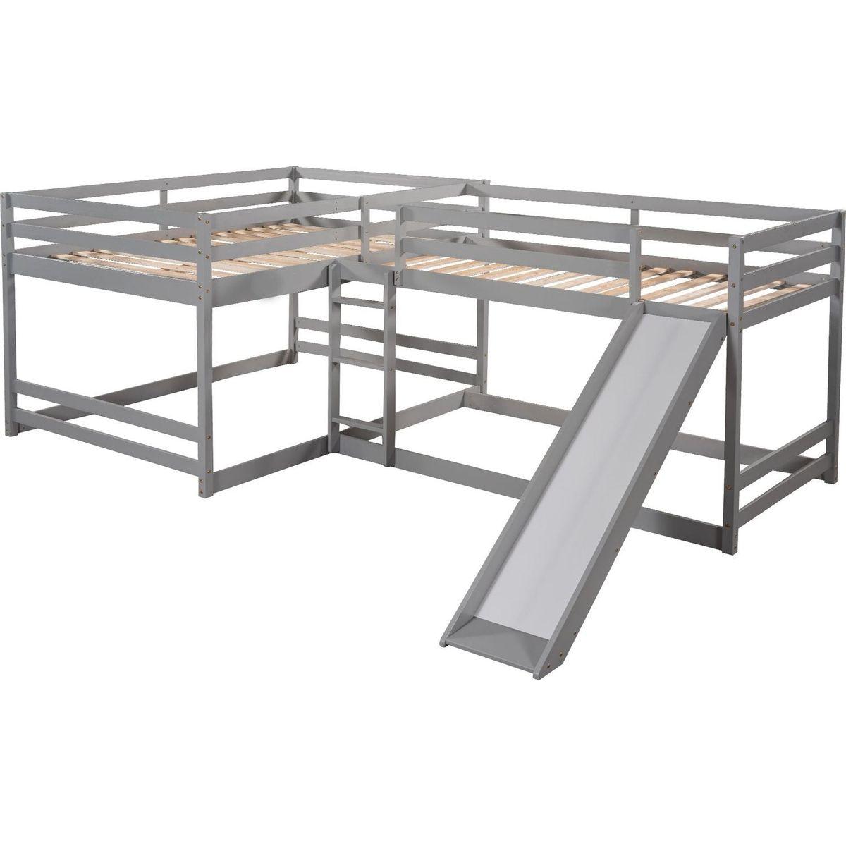 Full and Twin Size L-Shaped Bunk Bed with Slide and Short Ladder,Gray