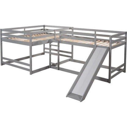 Full and Twin Size L-Shaped Bunk Bed with Slide and Short Ladder,Gray