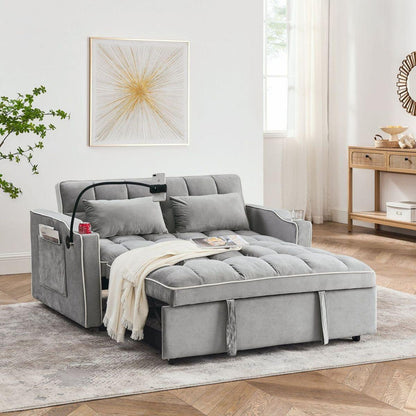 55.51 inch versatile foldable sofa bed in 3 lengths, modern sofa sofa sofa velvet pull-out bed, adjustable back and with USB port and ashtray and swivel phone stand (Grey)