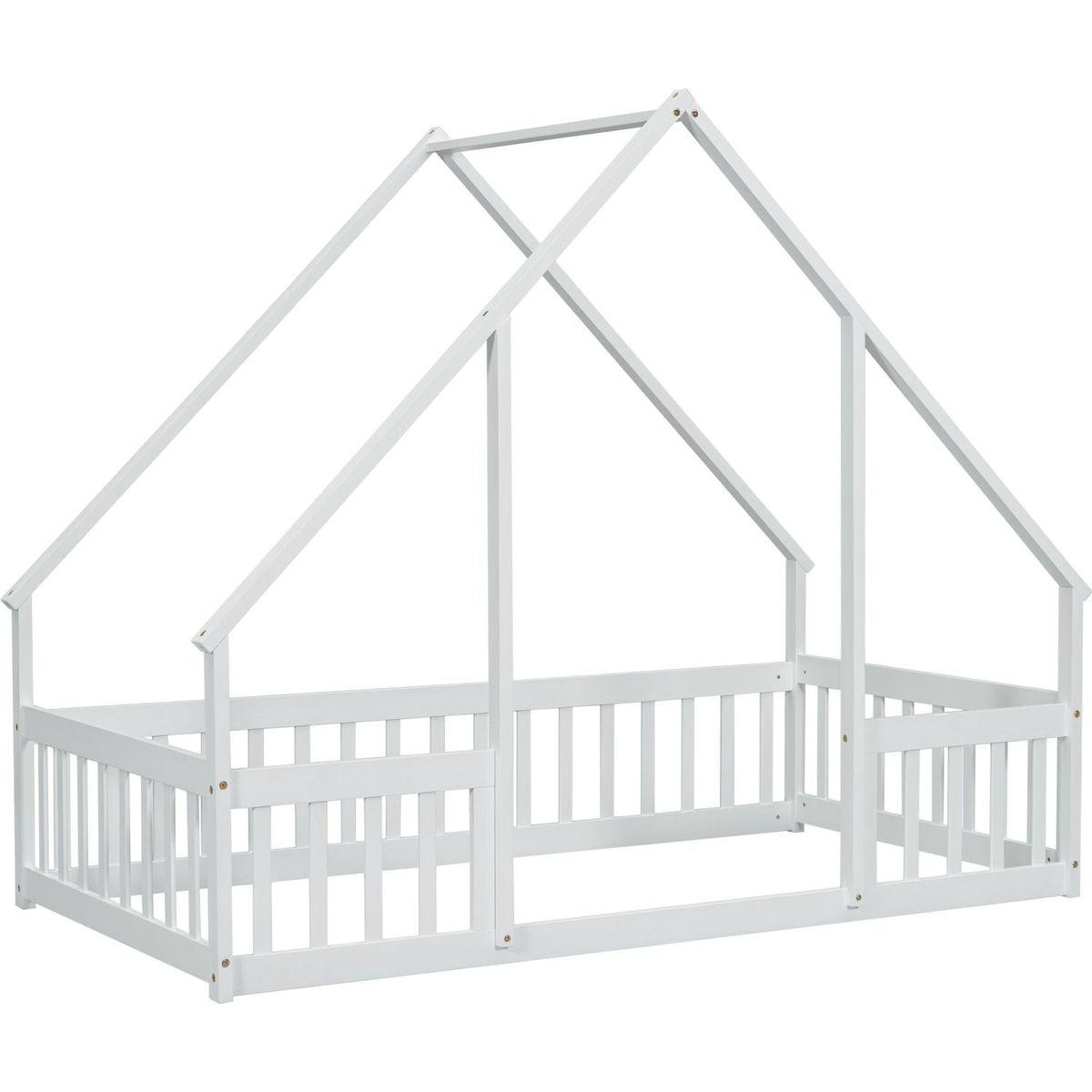 Twin Wood House-Shaped Floor Bed with Fence, Guardrails, White