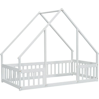 Twin Wood House-Shaped Floor Bed with Fence, Guardrails, White
