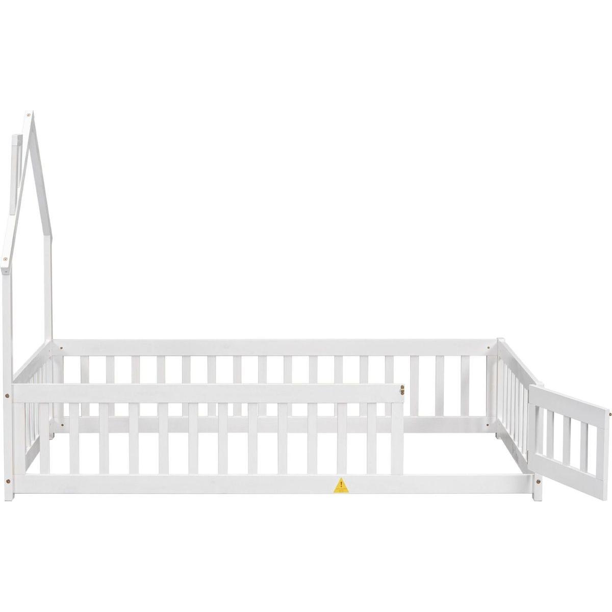 Twin House-Shaped Headboard Floor Bed with Fence,White