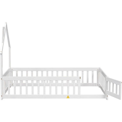 Twin House-Shaped Headboard Floor Bed with Fence,White