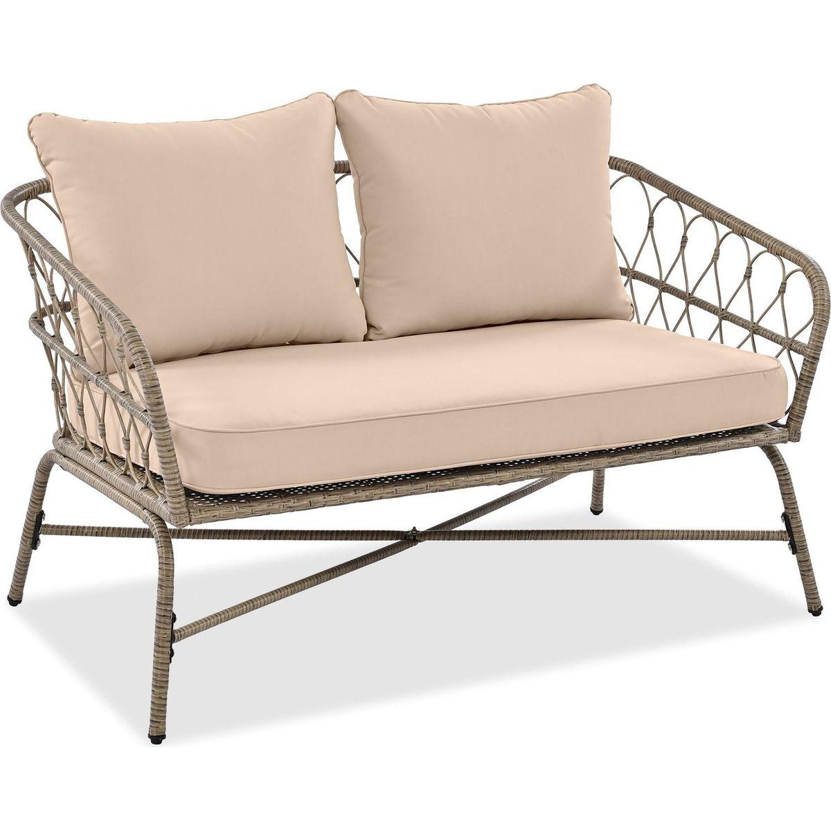 GO Bohemia-inspired 4-Person Outdoor Seating Group With Removable Cushions, Conversation Patio Set With Wood Tabletop, Beige