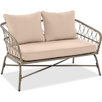 GO Bohemia-inspired 4-Person Outdoor Seating Group With Removable Cushions, Conversation Patio Set With Wood Tabletop, Beige