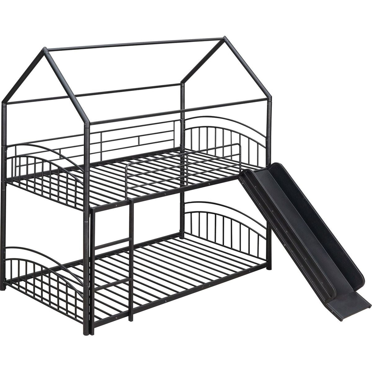 Twin Over Twin Metal Bunk Bed With Slide,Kids House Bed Black