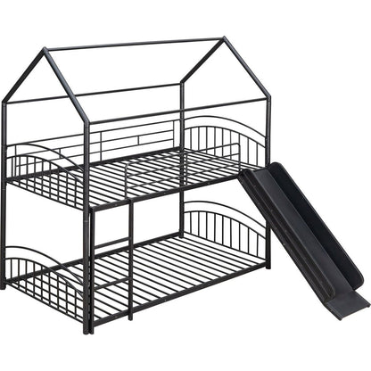Twin Over Twin Metal Bunk Bed With Slide,Kids House Bed Black