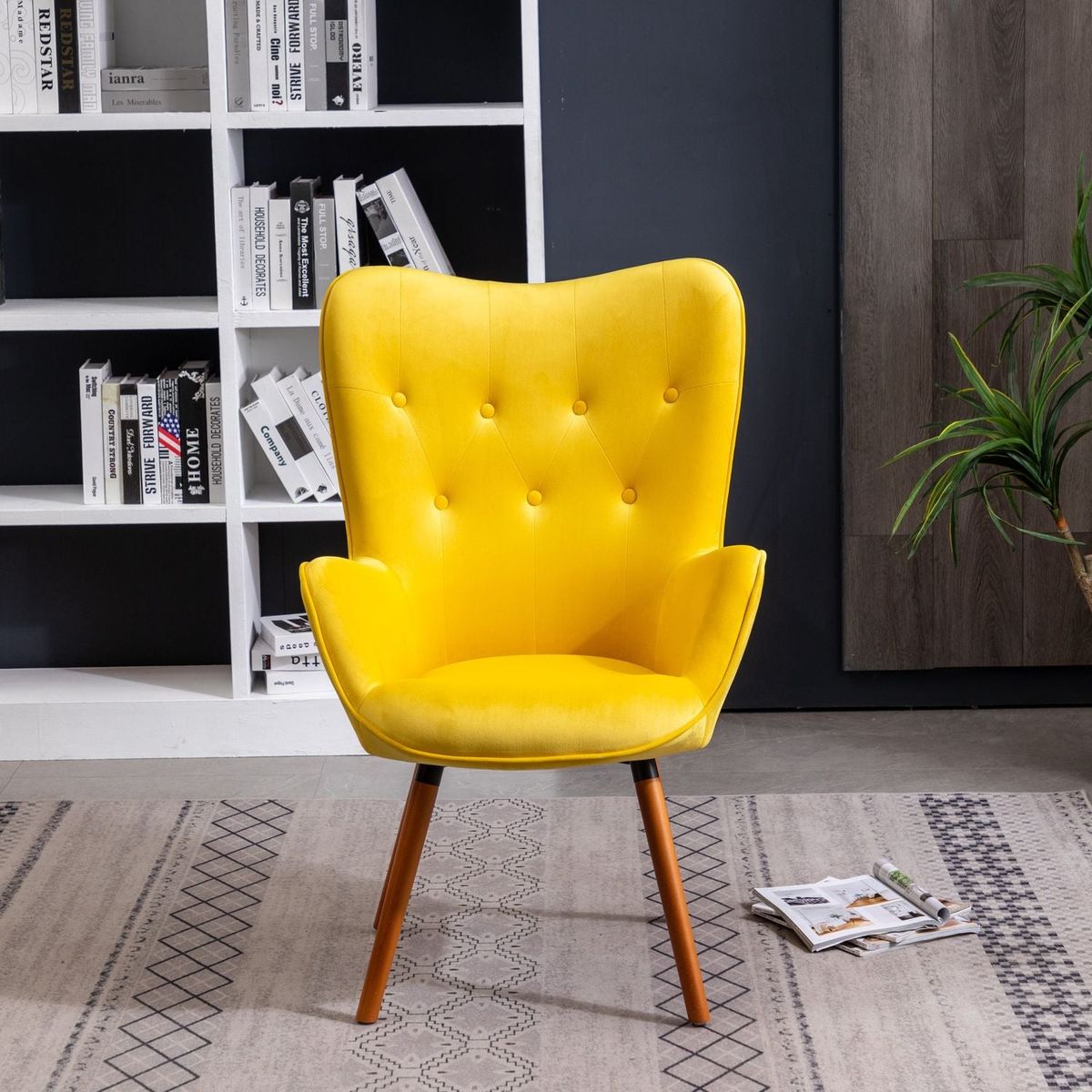 Doarnin Contemporary Silky Velvet Tufted Button Back Accent Chair, Yellow