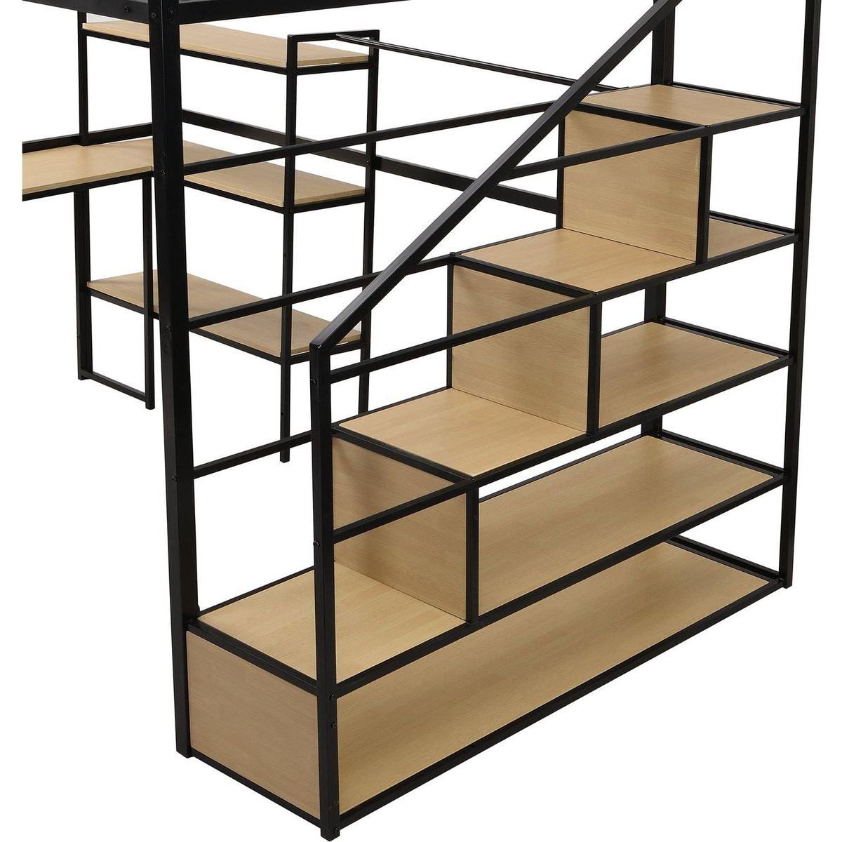 Full Size Metal Loft bed with Staircase, Built-in Desk and Shelves, Black