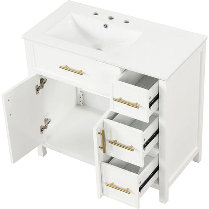 36" Bathroom Vanity with Sink Top, Bathroom Vanity Cabinet with Two Doors and Three Drawers, Solid Wood, MDF Boards, One Package, Off White