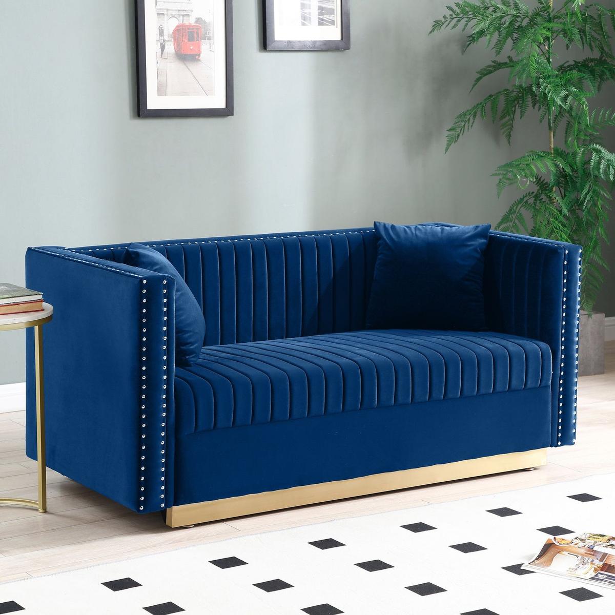 Contemporary Vertical Channel Tufted Velvet Sofa Loveseat Modern Upholstered 2 Seater Couch for Living Room Apartment with 2 pillows,Blue