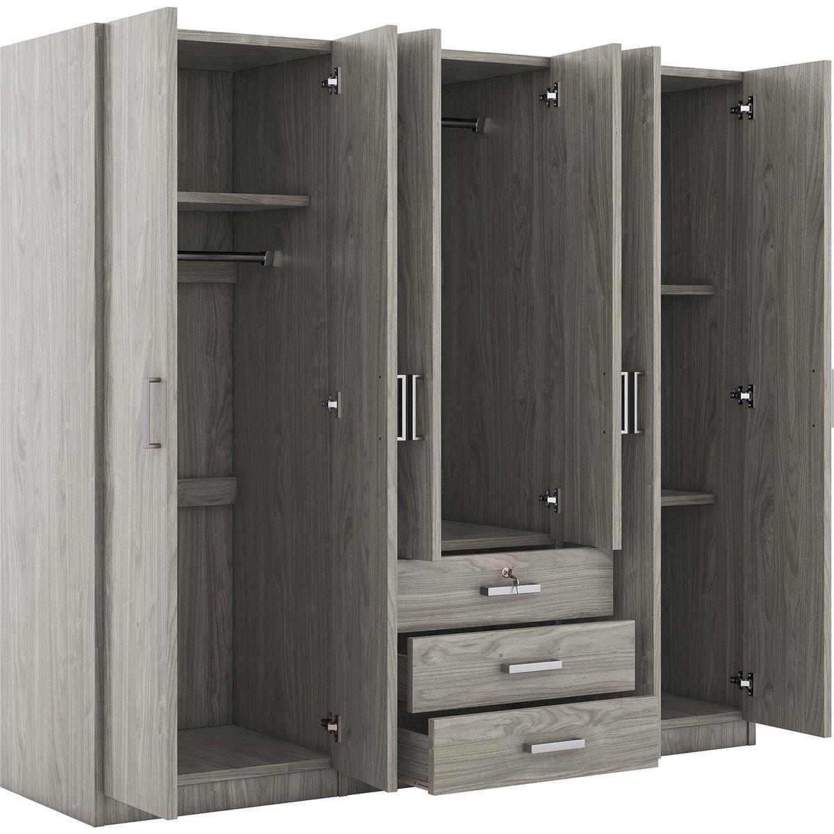 6-Doors Wooden Wardrobe Storage for Bedroom, with Big Drawers, Gray
