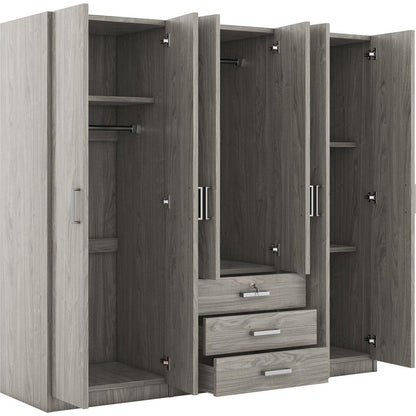 6-Doors Wooden Wardrobe Storage for Bedroom, with Big Drawers, Gray