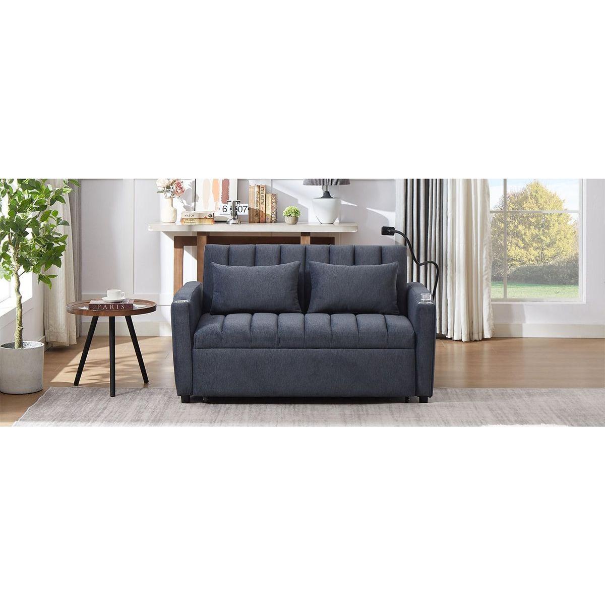 55.9" Convertible Sofa Bed Loveseat Sofa with Three USB Ports, Two Side Pockets, Two Cup Holders and 360Swivel Phone Holder for Living Room, Blue Grey