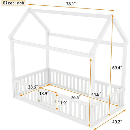 Twin Size Wood House Bed with Fence and Door, White