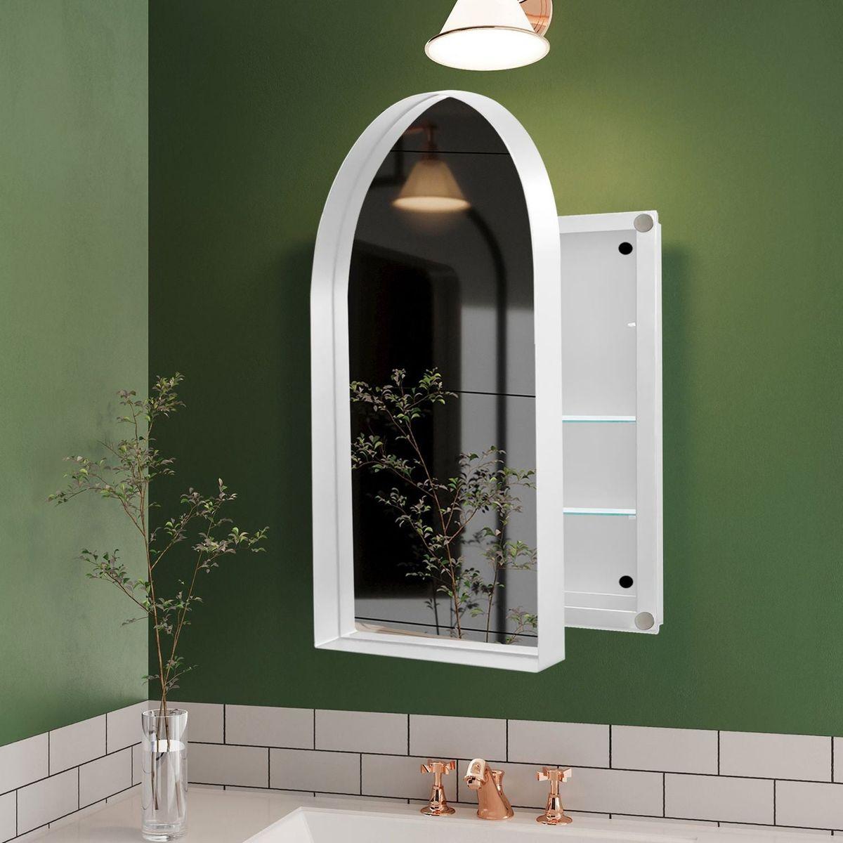 24x36 Inch Arched Recessed Medicine Cabinet, Metal Framed Bathroom Wall Cabinet with Mirror and Adjustable Shelves, Wall Mirror with Storage for Bathroom, White - Streamdale Furniture