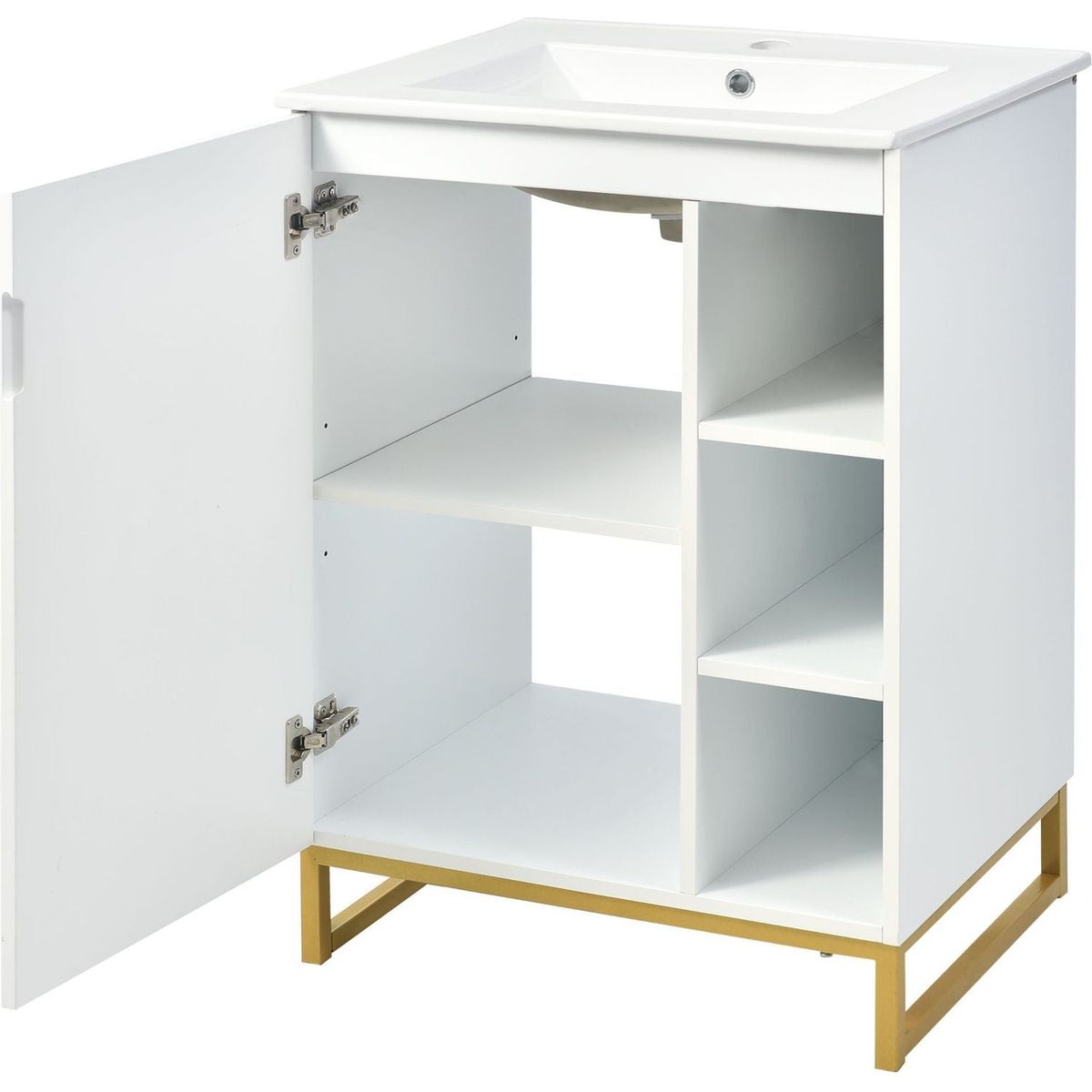 24inch White Bathroom Vanity Sink Combo for Small Space, Modern Design with Ceramic Basin, Gold Legs and Semi-open Storage(Faucet Not Included)