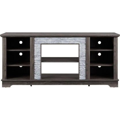 Mantel Stone TV Media Stand with with Faux Stacked Stone Surround, Modern Entertainment Console with Open Storage Space,Grey, 58.31"Wx15.39"Dx26.06"H
