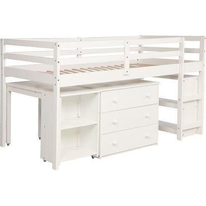 Low Study Twin Loft Bed with Cabinet and Rolling Portable Desk - White
