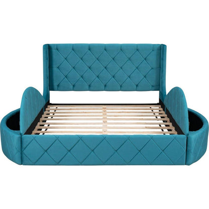 Upholstered Platform Bed Queen Size Storage Velvet Bed with Wingback Headboard and 1 Big Drawer,2 Side Storage Stool(Blue)