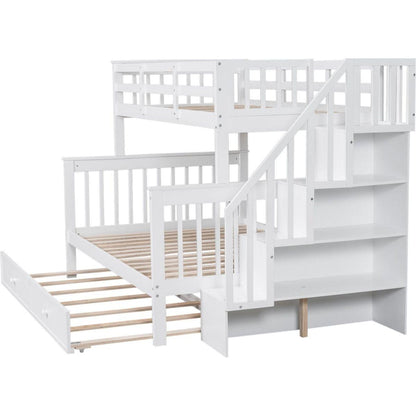 Twin-Over-Full Bunk Bed with Twin size Trundle, Storage and Guard Rail for Bedroom, Dorm, for Adults, White