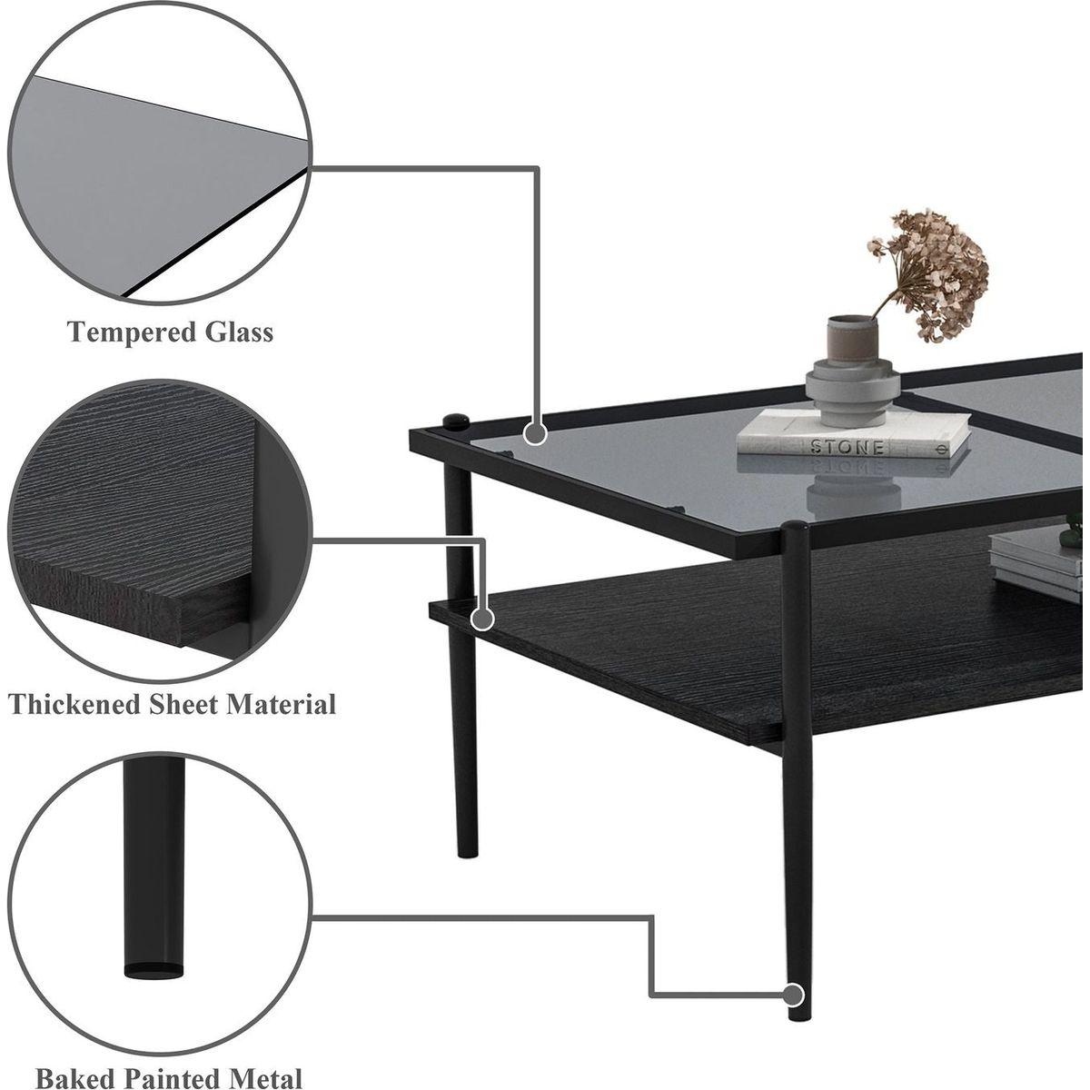 Rectangle Coffee Table with Gray Tempered Glass top and Black Legs,Modern Table for Living Room