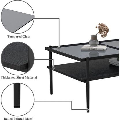 Rectangle Coffee Table with Gray Tempered Glass top and Black Legs,Modern Table for Living Room