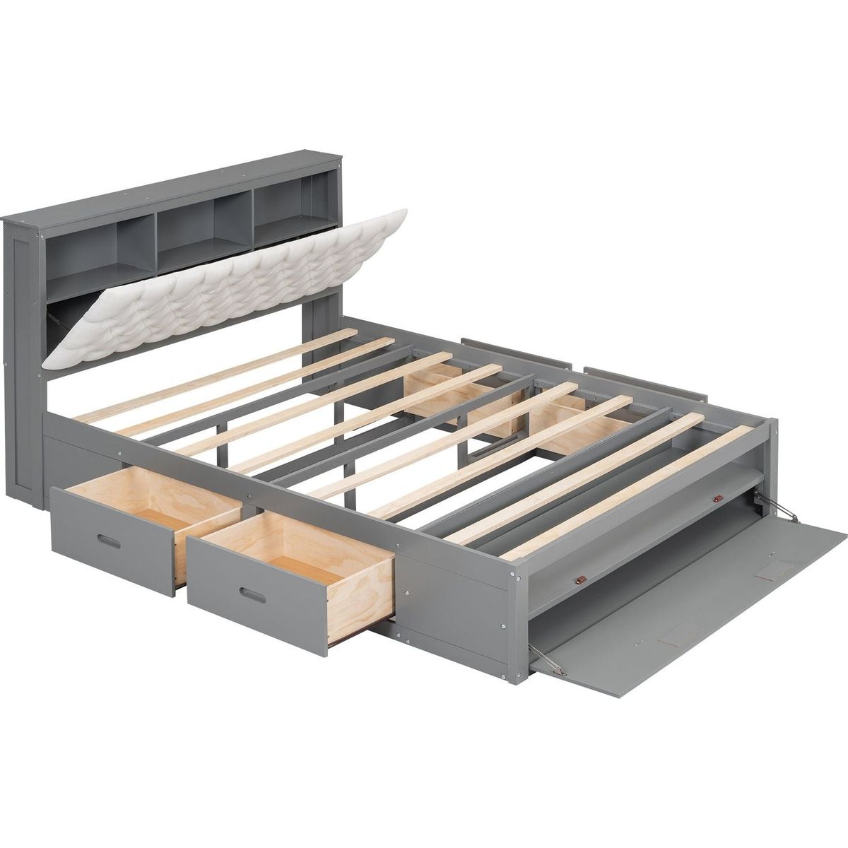 Wood Queen Size Platform Bed with Storage Headboard, shoe rack and 4 drawers,Gray