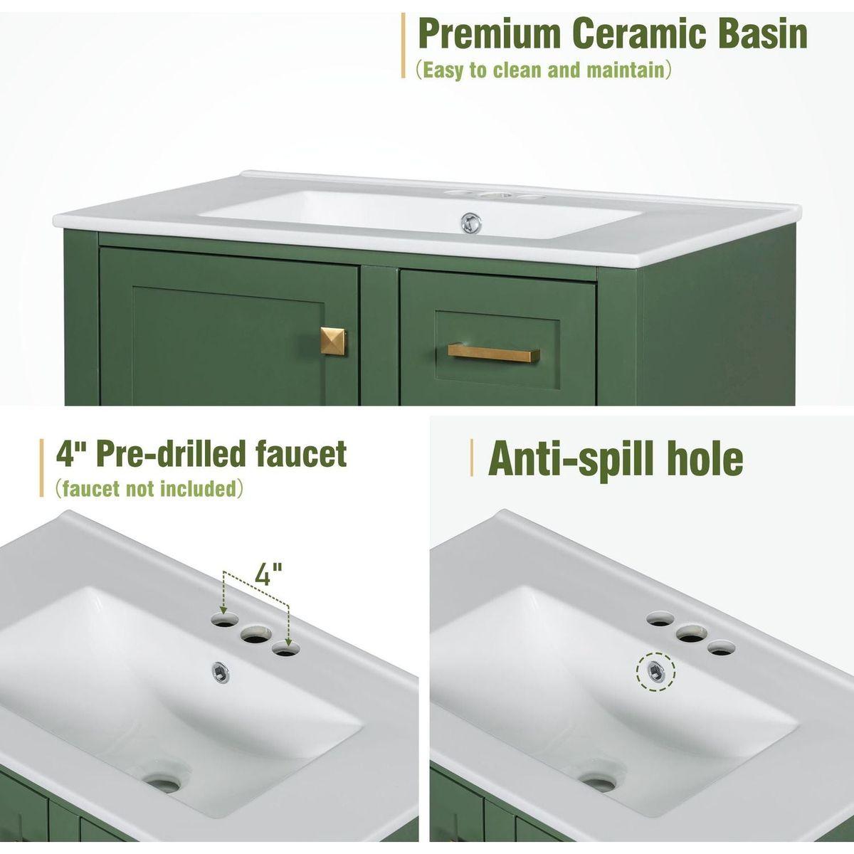 30" Bathroom Vanity in Green, Modern Bathroom Cabinet with Sink Combo Set, Bathroom Storage Cabinet with a Soft Closing Door and 3 Drawers, Solid Wood Frame