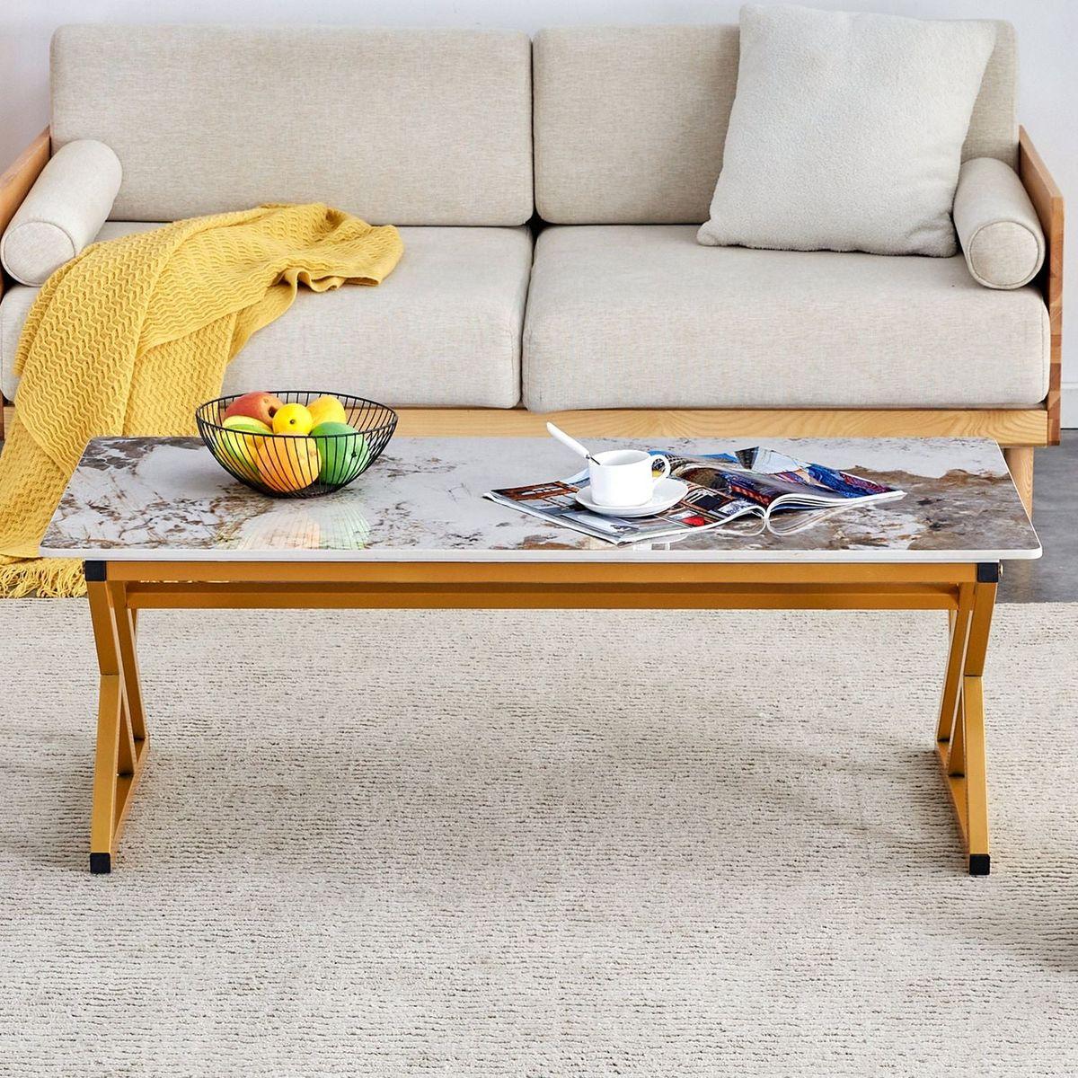A modern minimalist style marble patterned coffee table with golden metal legs. Computer desk. Game table. Tea table. CT-XX