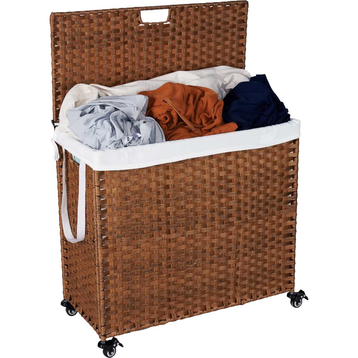 Laundry Hamper With Lid PE Rattan Powder Coating Frame Clothes Hampers with 02 Removable Bags, Wheels, 160L, Brown Color