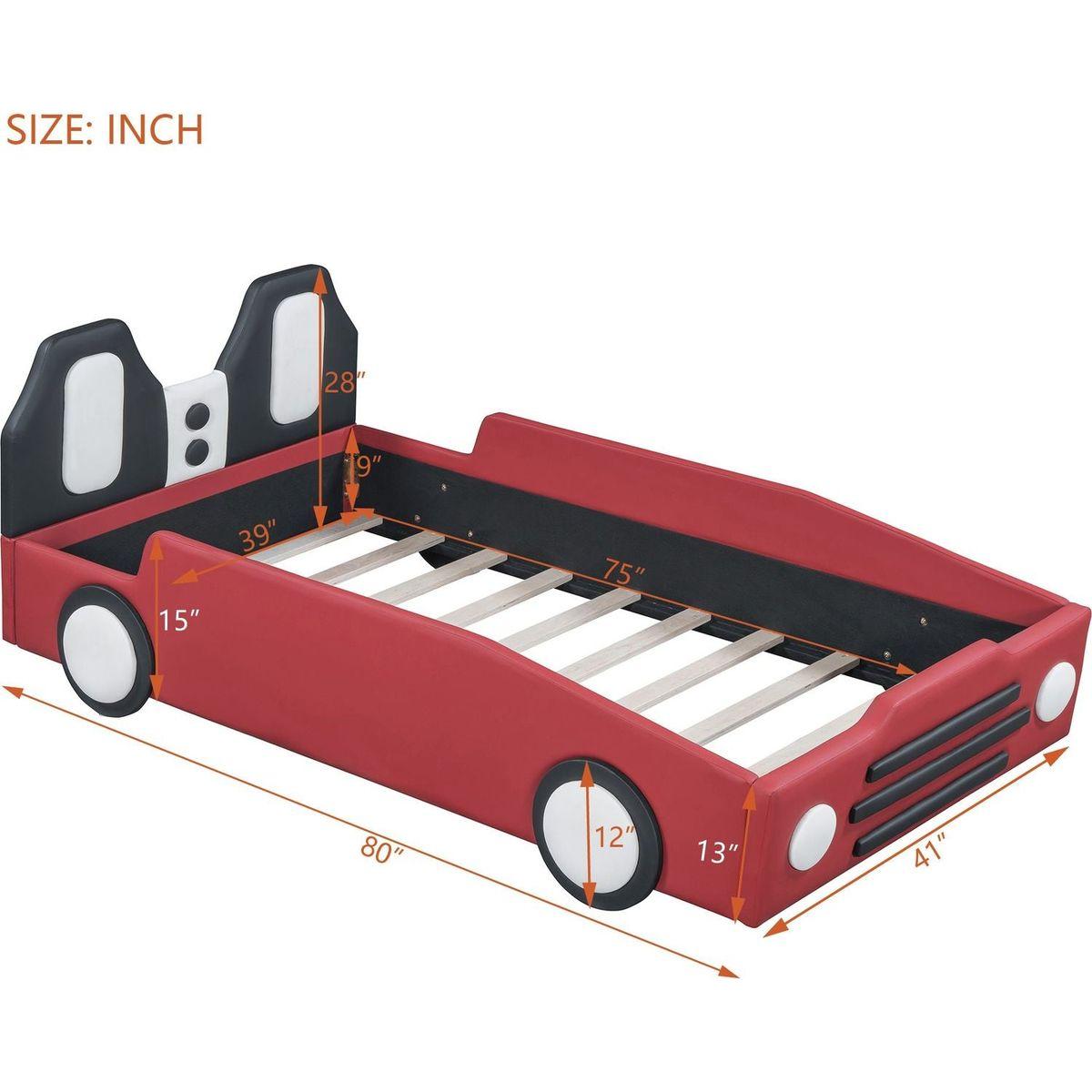 Twin Size Race Car-Shaped Platform Bed with Wheels,Red
