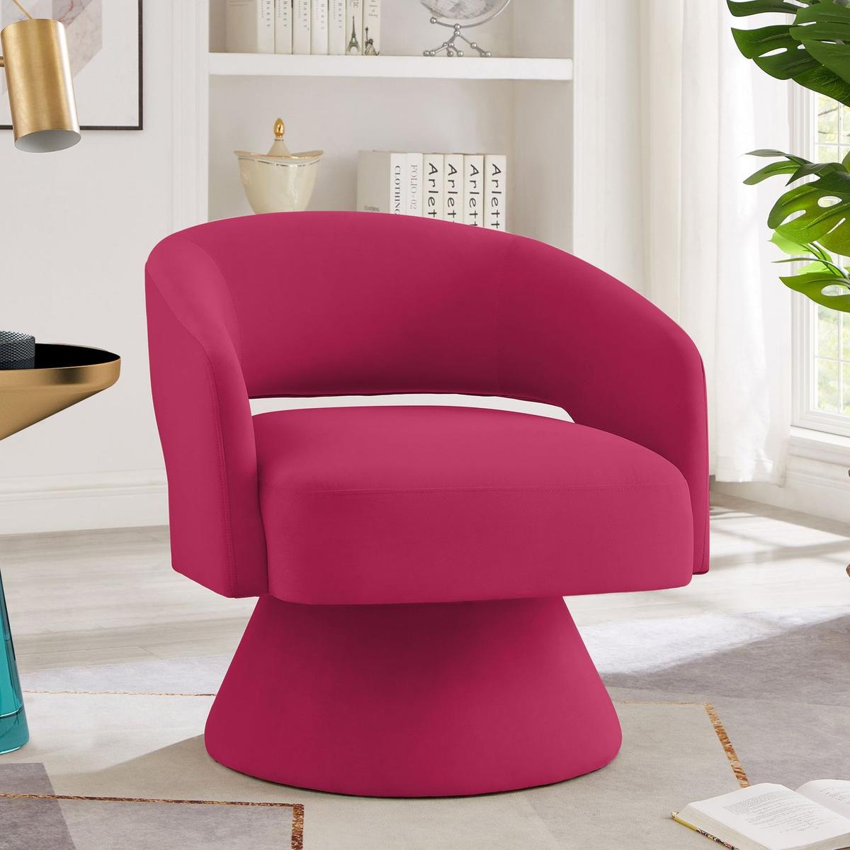 Modern Swivel Barrel Chair, Upholstered Velvet Round Accent Chairs,360 Degree Comfy Swivel Chair with Open Backrest, Single Chair Armchair for Living Room Bedroom, Homerest, Rose Pink