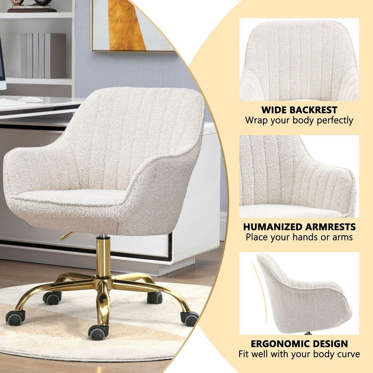 360 Beige Boucle Fabric Swivel Chair With High Back, Adjustable Working Chair With Golden Color Base