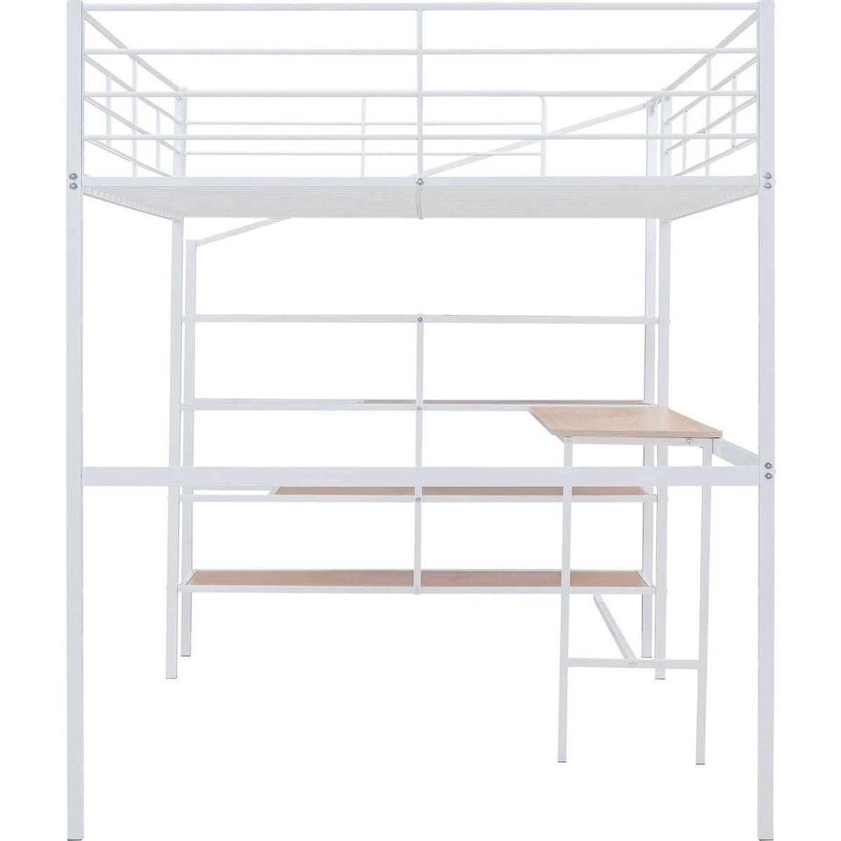 Full Size Metal Loft Bed with Desk and Lateral Storage Ladder, White