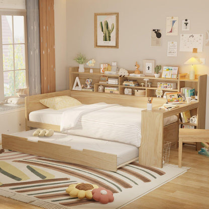 Wooden Twin Size Daybed with Storage Shelves, Multi-functional Bed with Twin Size Trundle Bed and  Study Desk, Natural
