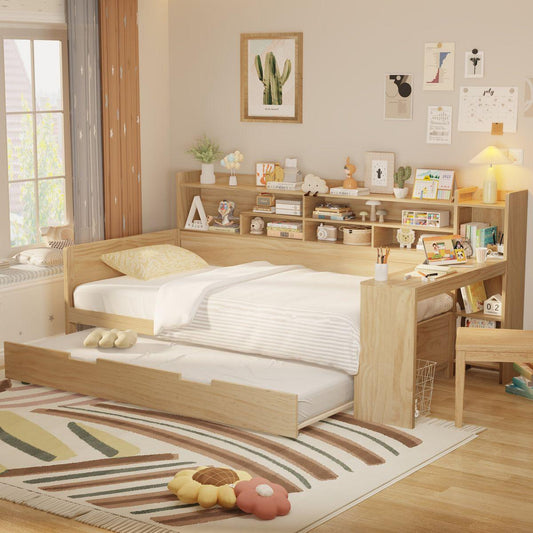 Wooden Twin Size Daybed with Storage Shelves, Multi-functional Bed with Twin Size Trundle Bed and  Study Desk, Natural