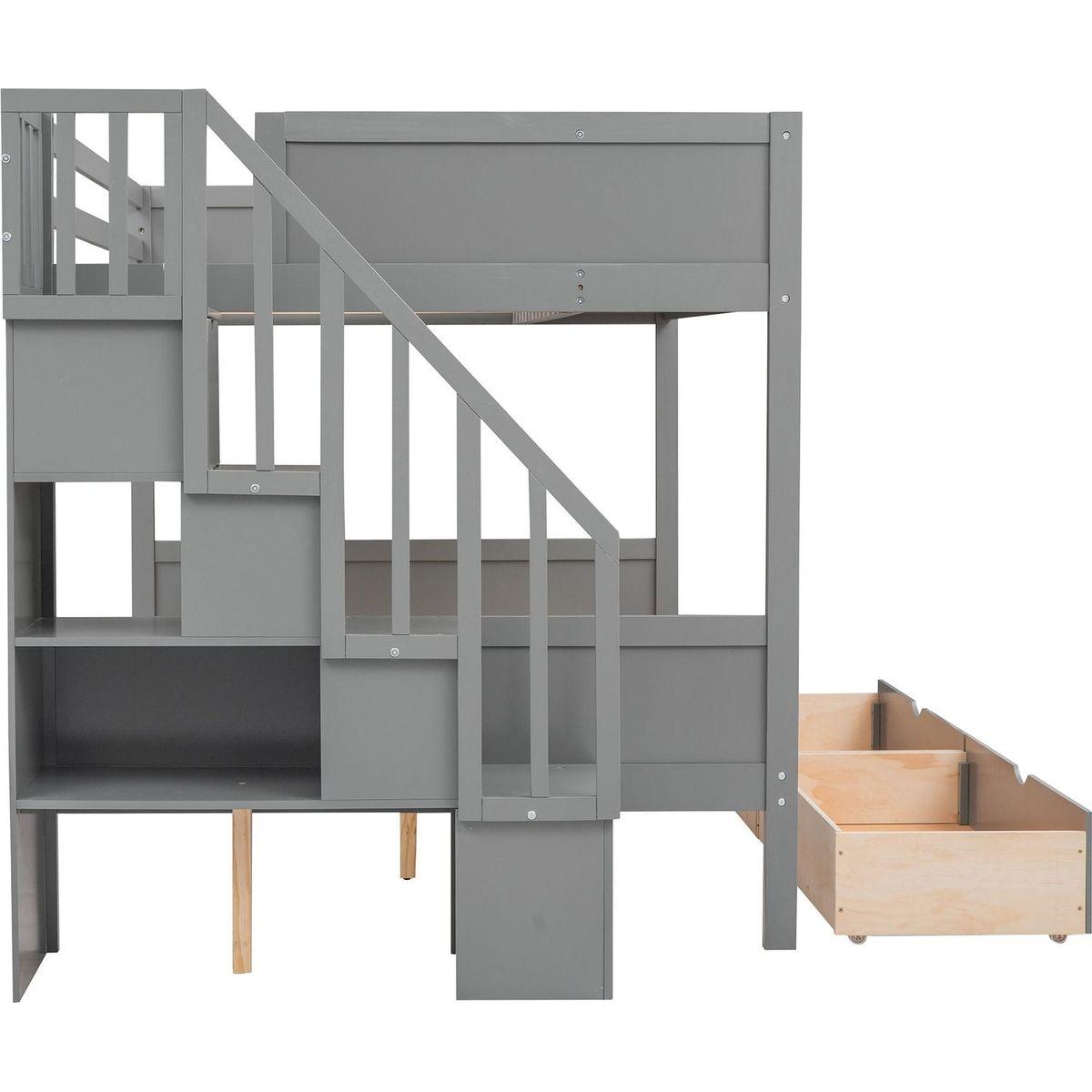 Twin over Full Bunk Bed with Shelfs, Storage Staircase and 2 Drawers, Gray