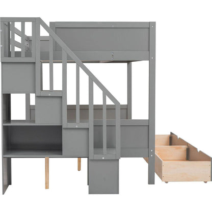 Twin over Full Bunk Bed with Shelfs, Storage Staircase and 2 Drawers, Gray