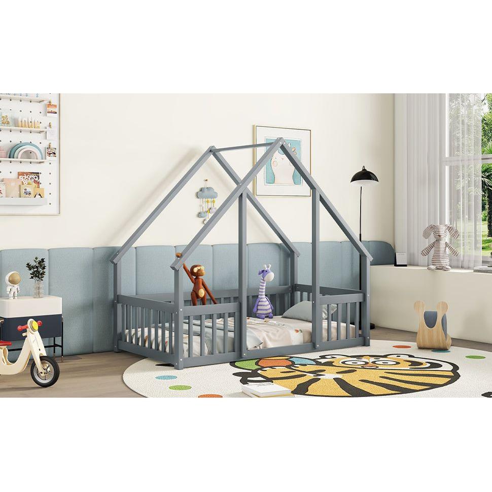 Twin Wood House-Shaped Floor Bed with Fence, Guardrails, Grey