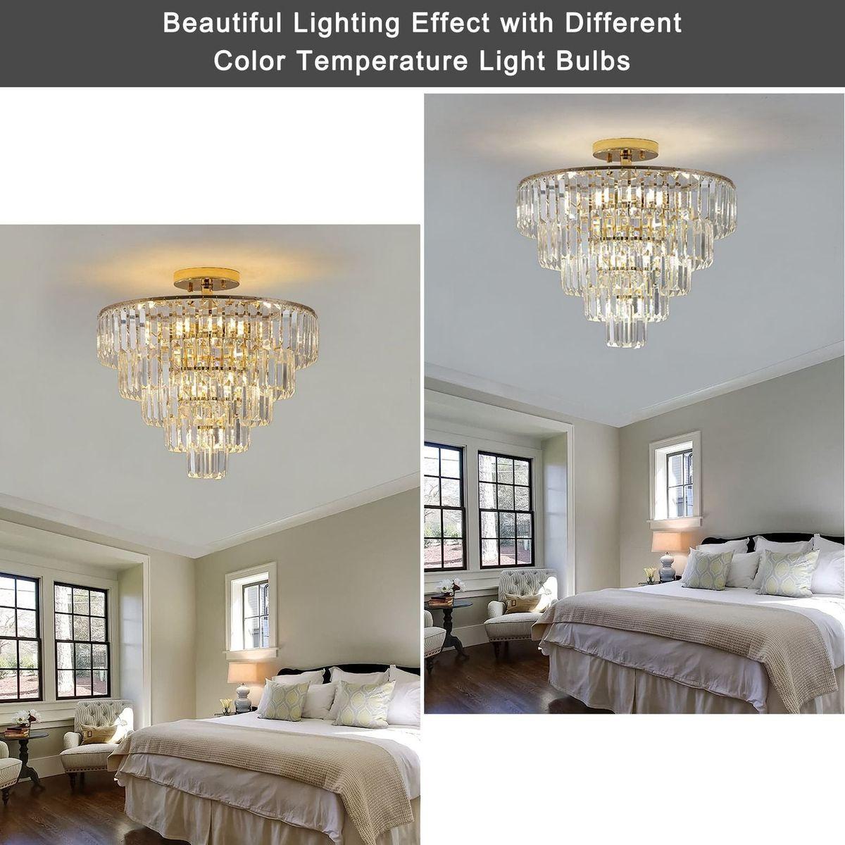 Gold Crystal Chandeliers,5-Tier Round Semi Flush Mount Chandelier Light Fixture,Large Contemporary Luxury Ceiling